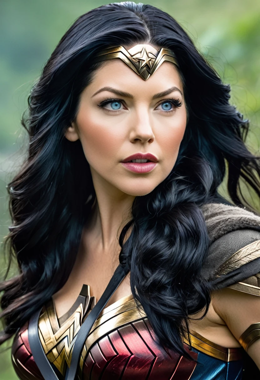 (((In extreme close-up, a woman with a mature face Katheryn Winnick under the mantle of the Amazon warrior Wonder Woman(((black hair Largo))),Splash color images))),(((black hair))),(((Abundant hair)))