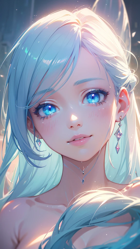 a cute girl with light blue hair and long hair, light blue eyes, eating chocolate mint ice cream, surrounded by chocolate mint ice cream, smiling, with light particles and light showers, (best quality,4k,8k,highres,masterpiece:1.2),ultra-detailed,(realistic,photorealistic,photo-realistic:1.37),extremely detailed eyes and face, beautiful detailed eyes, beautiful detailed lips, longeyelashes,portrait,fantasy,magic,ethereal,whimsical,soft lighting,pastel colors