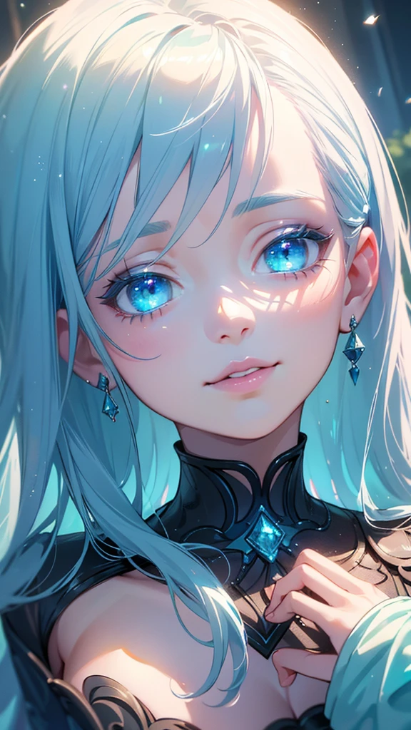 a cute girl with light blue hair and long hair, light blue eyes, eating chocolate mint ice cream, surrounded by chocolate mint ice cream, smiling, with light particles and light showers, (best quality,4k,8k,highres,masterpiece:1.2),ultra-detailed,(realistic,photorealistic,photo-realistic:1.37),extremely detailed eyes and face, beautiful detailed eyes, beautiful detailed lips, longeyelashes,portrait,fantasy,magic,ethereal,whimsical,soft lighting,pastel colors