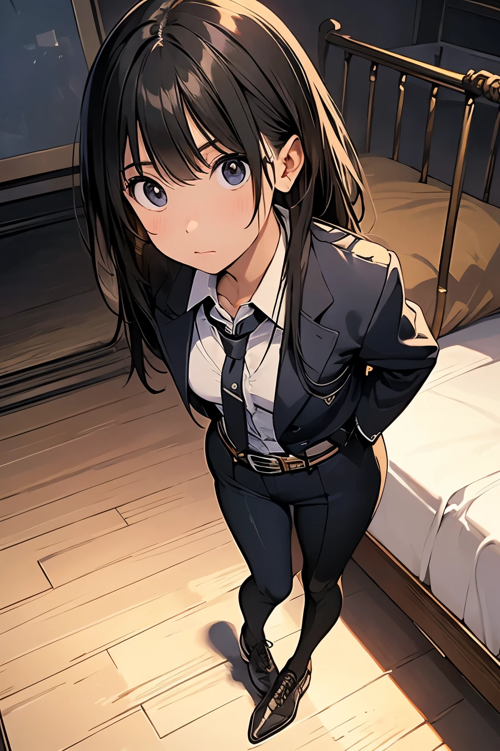 high quality, masterpiece, Ultra-high resolution, (realism: 1.4), Oil painting style, Cinema Lighting, An endless grassland dotted with a few houses, I stood on the empty asphalt road and looked at it., Fairy Mountain々was shrouded in mist, And the suspenders with the cranes flying Moderate breasts Small face holster Lying in bed Looking up Sweat belt summer 脇Sweat Black Hole Gloves suit shirt Black jacket Black trousers Leg Links ズボンにbelt holster Hands behind your back Anxious expression Looking up Anxious face