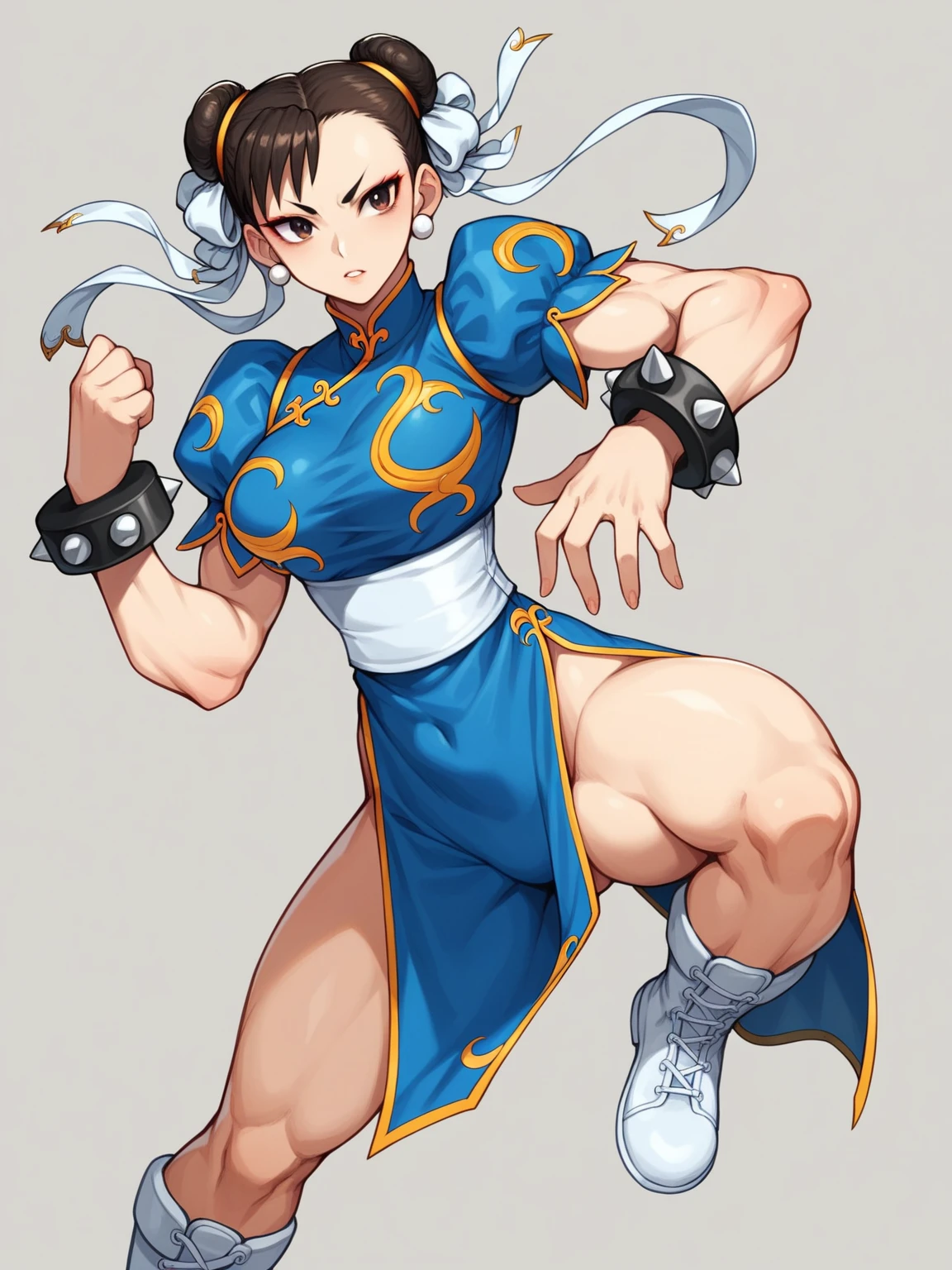 in kinu-sensei artstyle, Kinu Nishimura style, muted pastel colors, medium breasts, Chun-Li, Chun-Li, the iconic character from the Street Fighter video game series, stands at the forefront of the composition. Her dynamic pose suggests imminent action—a leap or a powerful kick. Here’s a breakdown of the details: Character Description: Chun-Li: A strong, agile fighter, Chun-Li is instantly recognizable by her signature blue qipao (a traditional Chinese dress) with golden accents. She embodies grace and power. Costume: Her qipao features slits on both sides, allowing of movement. The fabric flows around her as she prepares for combat. Footwear: White boots with similar side slits complete her ensemble, emphasizing practicality and style. Hairstyle: Chun-Li’s hair is styled in “ox horns,” two high buns adorned with white ribbons. Golden hairpieces resemble spiked bracelets, adding flair.