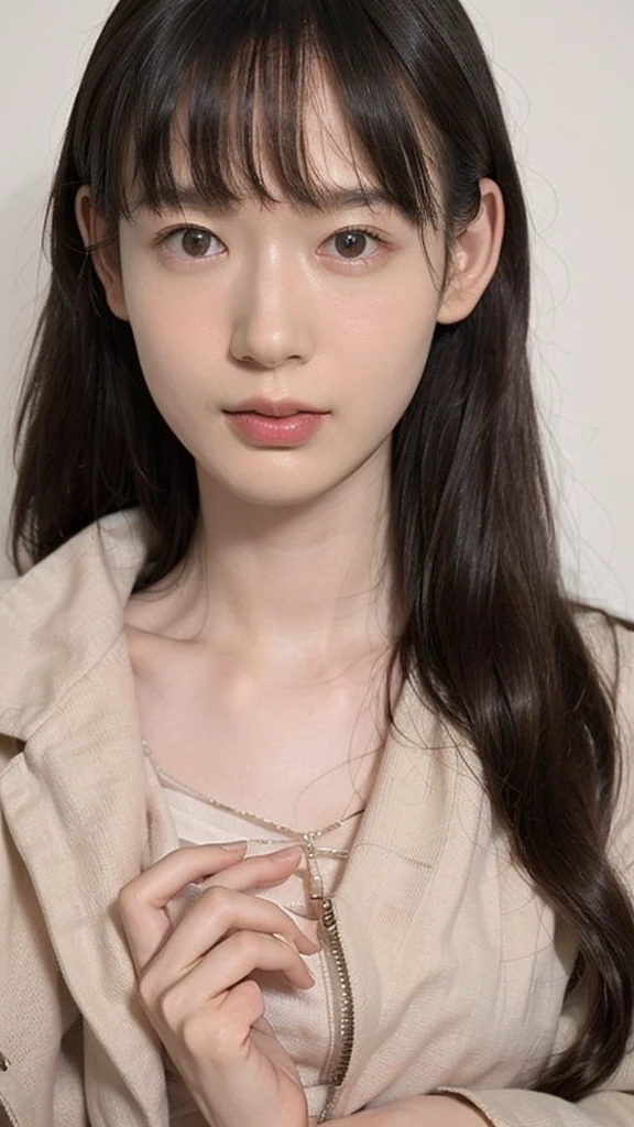 女の子1人, (Full body), Unknown , detailed  clothes, (delicate illustration:1.4),(masutepiece:1.0), (Best Quality:1.4), (超A high resolution:1.2), (Photorealistic:1.4), (8K, Raw photo:1.2), (Soft Focus:1.4), (18year old:1.3), (Sharp Focus:1.4), (Renaissance art:1.4), Detailed beautiful face, (Blouse with white collar), sitting on
