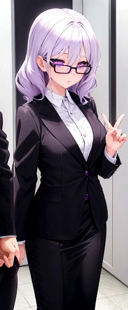 painel anime: girl, fair skin, violet eyes, short wavy white hair, wears glasses, formal clothes.