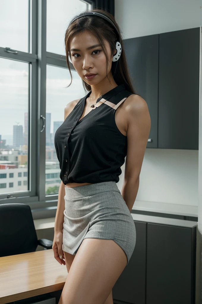 [[((young attractive Asian woman:1.6)), ((Sophie Tan:1.5)), standing by a window in a BPO office, with her back to the camera. She is wearing ((a tight, short business skirt with a fitted blouse and a headset:1.4)), portraying her as an efficient virtual assistant. Her hair is styled in a high ponytail, and she has a seductive, confident gaze over her shoulder. The background features office cubicles, a window with city views, and office decor. The scene is captured with a ((digital SLR:1.4)) using a ((24-70mm zoom lens:1.4)) for versatility in framing. Post-production enhances the natural office lighting and adds a ((soft bokeh effect:1.3)) to the background. The image should be in ((8K resolution:1.5)) with ((hyper-realistic detail:1.6)). The backdrop highlights the BPO office with detailed textures of cubicles and city views. The focus is on Sophie's business attire and headset, along with her seductive, confident gaze, capturing the essence of a sexy virtual assistant. The overall composition is designed to evoke a sense of professionalism and allure, making it a captivating feature image for any publication.]]