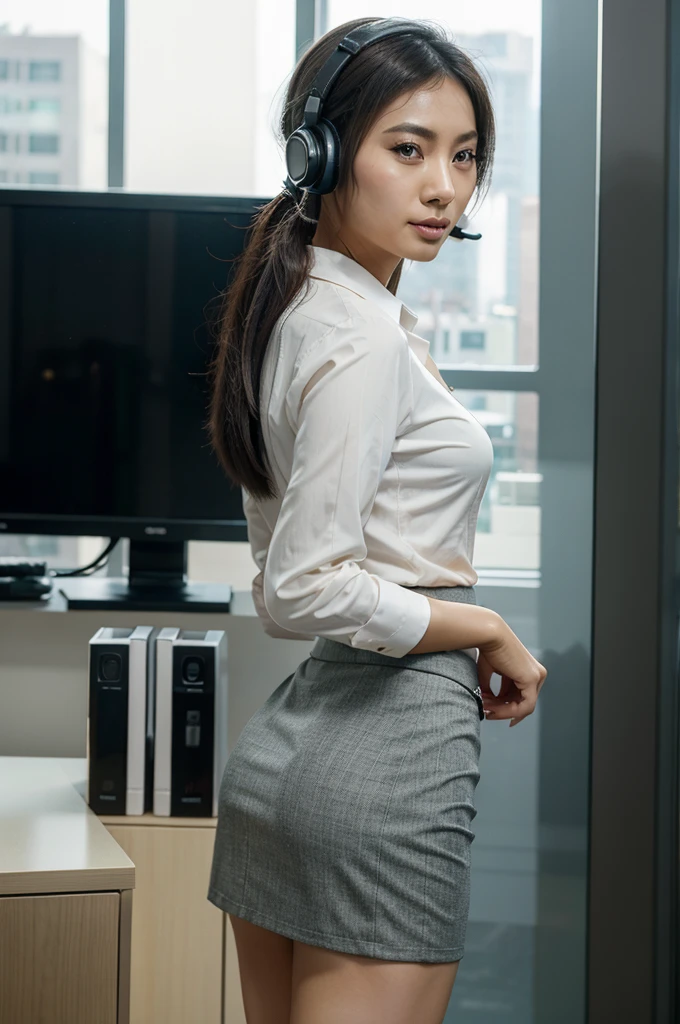 [[((young attractive Asian woman:1.6)), ((Sophie Tan:1.5)), standing by a window in a BPO office, with her back to the camera. She is wearing ((a tight, short business skirt with a fitted blouse and a headset:1.4)), portraying her as an efficient virtual assistant. Her hair is styled in a high ponytail, and she has a seductive, confident gaze over her shoulder. The background features office cubicles, a window with city views, and office decor. The scene is captured with a ((digital SLR:1.4)) using a ((24-70mm zoom lens:1.4)) for versatility in framing. Post-production enhances the natural office lighting and adds a ((soft bokeh effect:1.3)) to the background. The image should be in ((8K resolution:1.5)) with ((hyper-realistic detail:1.6)). The backdrop highlights the BPO office with detailed textures of cubicles and city views. The focus is on Sophie's business attire and headset, along with her seductive, confident gaze, capturing the essence of a sexy virtual assistant. The overall composition is designed to evoke a sense of professionalism and allure, making it a captivating feature image for any publication.]]