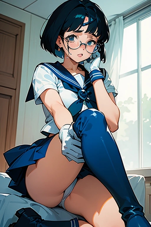 A chubby, freckled, glasses-wearing girl with black hair and a bob cut, dressed as Sailor Mercury, wearing blue boots and white gloves, flashing her panties and crying in her room.