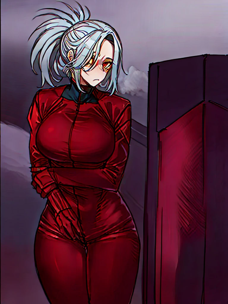 Tall, slim, She has long grey hair tied back in an enormous, messy ponytail that reaches down to her thighs, some of her hair is covering one of her eyes, she wears a red jacket over a black full-body suit, golden eyes