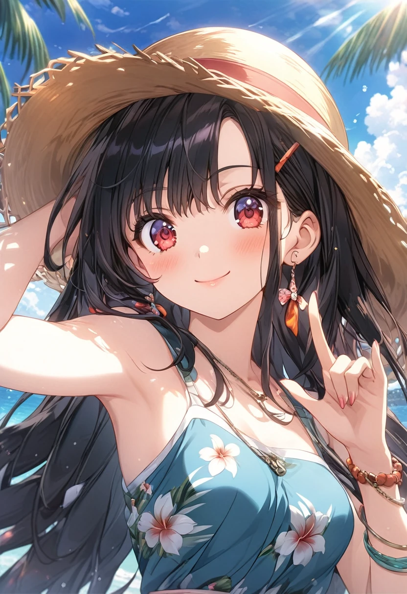 (masterpiece, best quality), very aesthetic, absurdres, extremely detailed CG unity 8k wallpaper, super fine illustration, (detailed_face:1.2), BREAK 1girl, long black hair wearing a straw hat, small breasts, (glamorous expression), red eyes, anime style 4k, beautiful anime portrait, anime moe art style, anime art wallpaper 4k, High quality anime art style, anime style portrait, be familiar with digital anime art, anime art wallpaper 8k, cute anime girl portrait, Hawaii background, blue sea, palm trees, sunlight, whole body, BREAK depth of field, perfect hands, nice fingers, 5_finger, 4_finger,1_thumb,