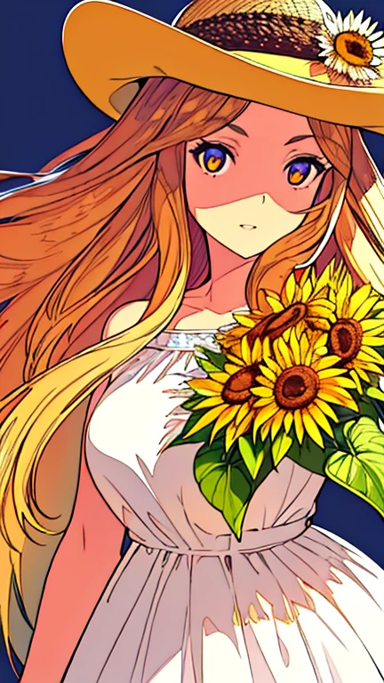 1 girl,Hyper realistic, naturalness, sunset time, real estate hair texture, average hair length, Brown hair color, light wavy hair, sunflower with hat on head, realistic skin texture, similar face shape, detailed face, thick lips, detailed eyes, realistic eyes, pretty eyes, sunflower print dress, sunflower bouquet in hand, high quality, more realistic