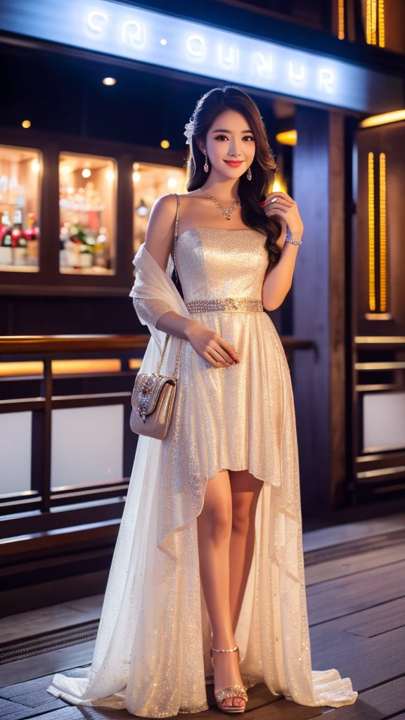 (best quality,realistic,highres),
beautiful girl in a nighttime setting,dressed in elegant attire,looking adorable,รองเท้าส้นสูงสีแดงสด,((full body)),with alcohol cocktail in her hand,