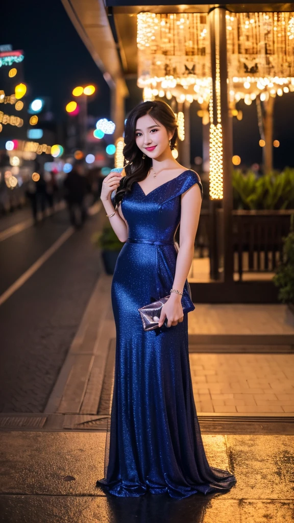 (best quality,realistic,highres),
beautiful girl in a nighttime setting,dressed in elegant attire,looking adorable,รองเท้าส้นสูงสีแดงสด,((full body)),with alcohol cocktail in her hand,