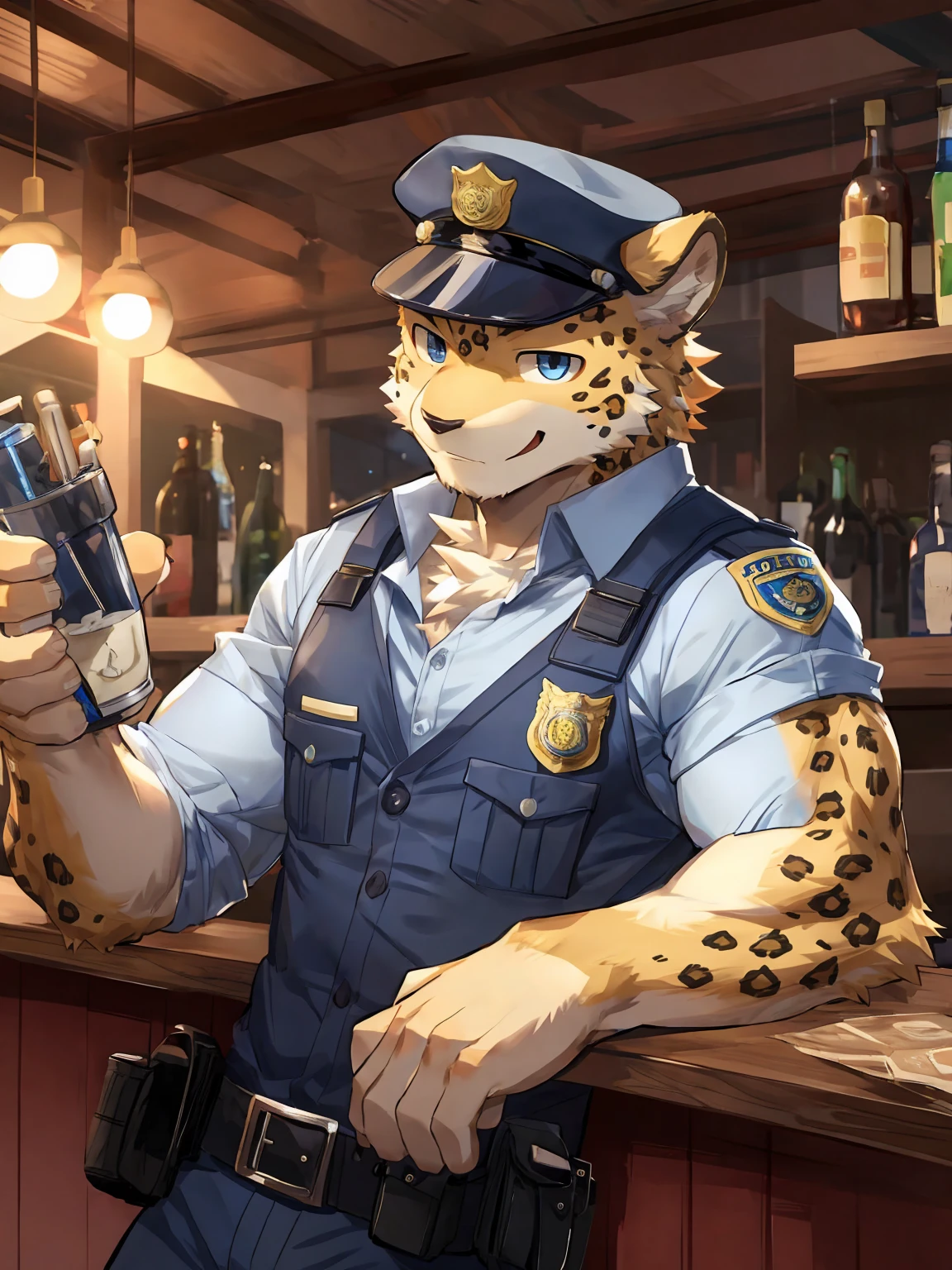 embedding:Leopard,Pale blue eyes,Single Person,Male,Chief,Wearing a police uniform,Wearing a police cap,modern,At the bar,At night,happy,Ray tracing,muscle,Maturity,Best quality hands, best quality eye,detailed fur,Delicate eyes.Extreme picture quality,by sollyz,by zixiong,by milkytiger1145