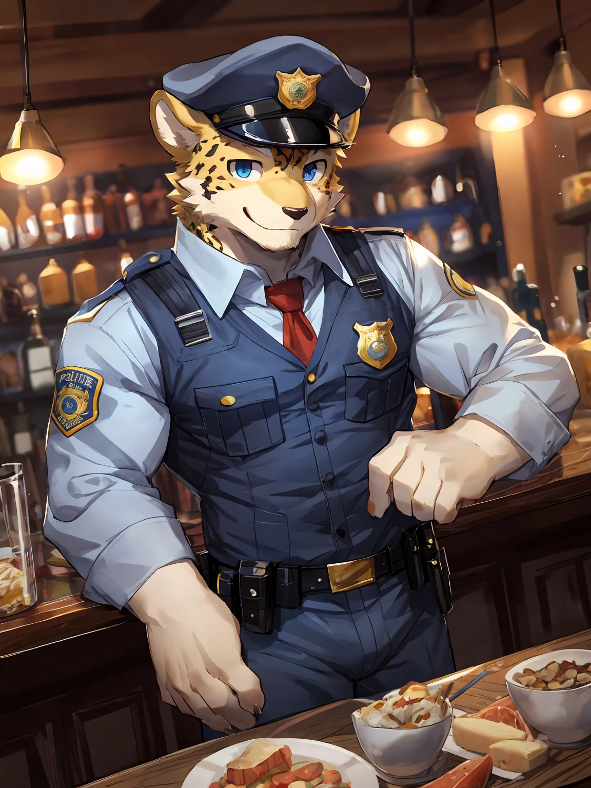 embedding：Leopard,Pale blue eyes,Single Person,Male,Chief,Wearing a police uniform,Wearing a police cap,modern，At the bar,At night,happy，Ray tracing,muscle，Maturity,Best quality hands, best quality eye，detailed fur，Delicate eyes.Extreme picture quality，by sollyz,by zixiong,by milkytiger1145