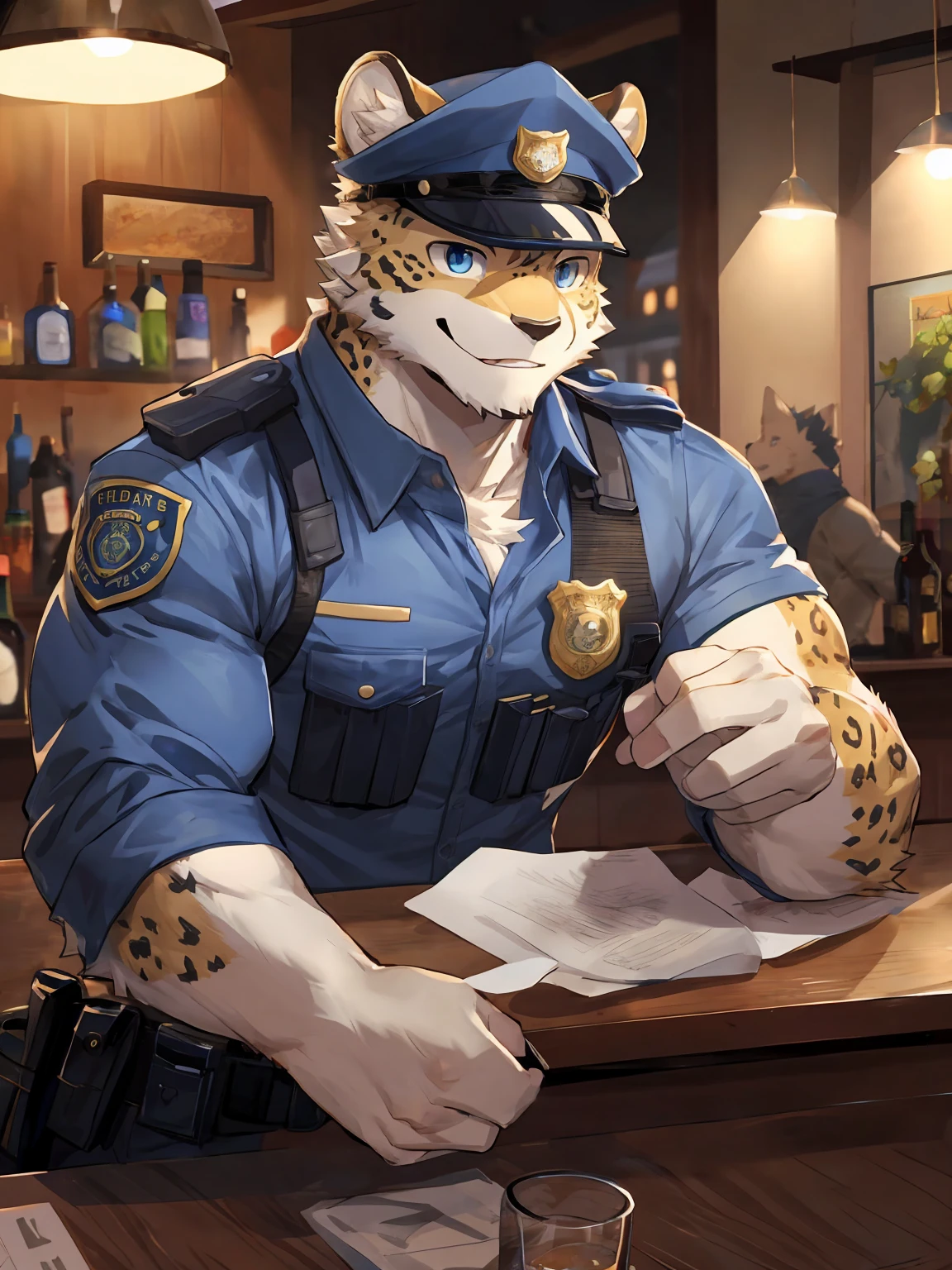 embedding:Leopard,Pale blue eyes,Single Person,Male,Chief,Wearing a police uniform,Wearing a police cap,modern,At the bar,At night,happy,Ray tracing,muscle,Maturity,Best quality hands, best quality eye,detailed fur,Delicate eyes.Extreme picture quality,by sollyz,by zixiong,by milkytiger1145