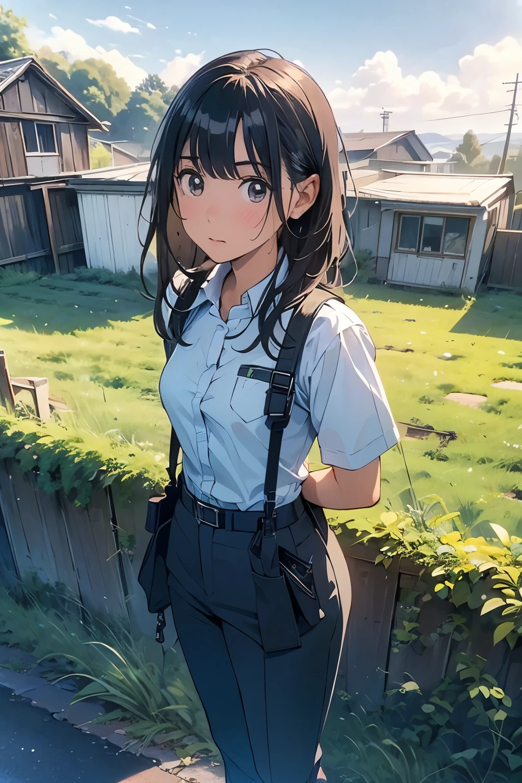 high quality, masterpiece, Ultra-high resolution, (realism: 1.4), Oil painting style, Cinema Lighting, An endless grassland dotted with a few houses, I stood on the empty asphalt road and looked at it., Fairy Mountain々was shrouded in mist, And the suspenders with the cranes flying　　　Moderate breasts　 　 　　　　Small face　 　　　holster　　　　　　　 Lying in bed　Looking up　　　　Sweat 　　　belt　summer　脇Sweat 　Black Hole Gloves　suit　shirt　　Black jacket　 Black trousers　Leg Links　ズボンにbelt　　holster　 　　Hands behind your back　 Anxious expression　Looking up　Anxious face
