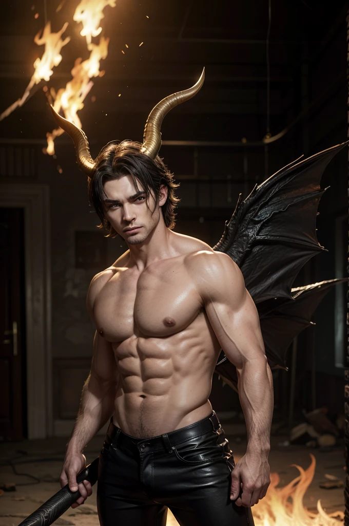 A male incubus, brawny, blacksad, wearing no shirt, leather pants with gold details, sadomasochist, com cabelos blacksads longo, horns on head, horns curved backwards, big bat wings, gorgeous eyes, Eyes red, fire in the background, dramatic lighting, Gothic aesthetic. ultra realisitic, extremely details, focus on character, nblurry background.