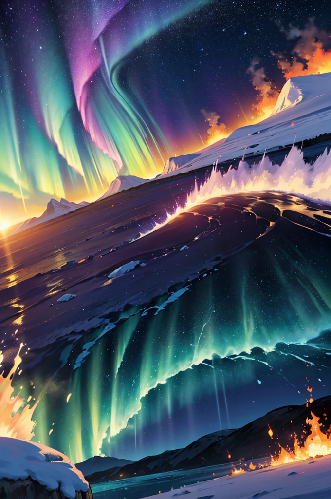 golden light, fire explosion, purple waves crashing behind, green and blue tornado, white blizzard, aurora borealis, flaming sun, flying rocks and ice