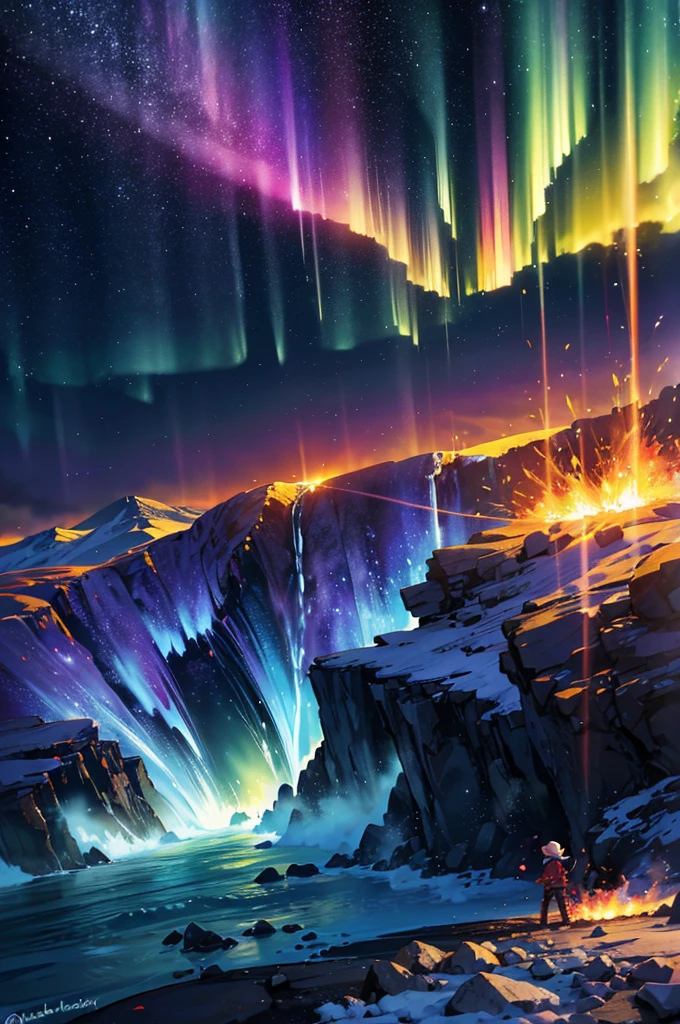 golden light, fire explosion, purple waves crashing behind, green and blue tornado, white blizzard, aurora borealis, flaming sun, flying rocks and ice