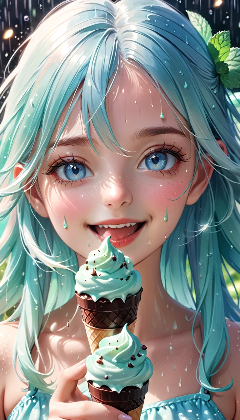 a cute girl with light blue hair and long hair, light blue eyes, eating chocolate mint ice cream, surrounded by chocolate mint ice cream, smiling, with light particles and light showers, (best quality,4k,8k,highres,masterpiece:1.2),ultra-detailed,(realistic,photorealistic,photo-realistic:1.37),extremely detailed eyes and face, beautiful detailed eyes, beautiful detailed lips, longeyelashes,portrait,fantasy,magic,ethereal,whimsical,soft lighting,pastel colors