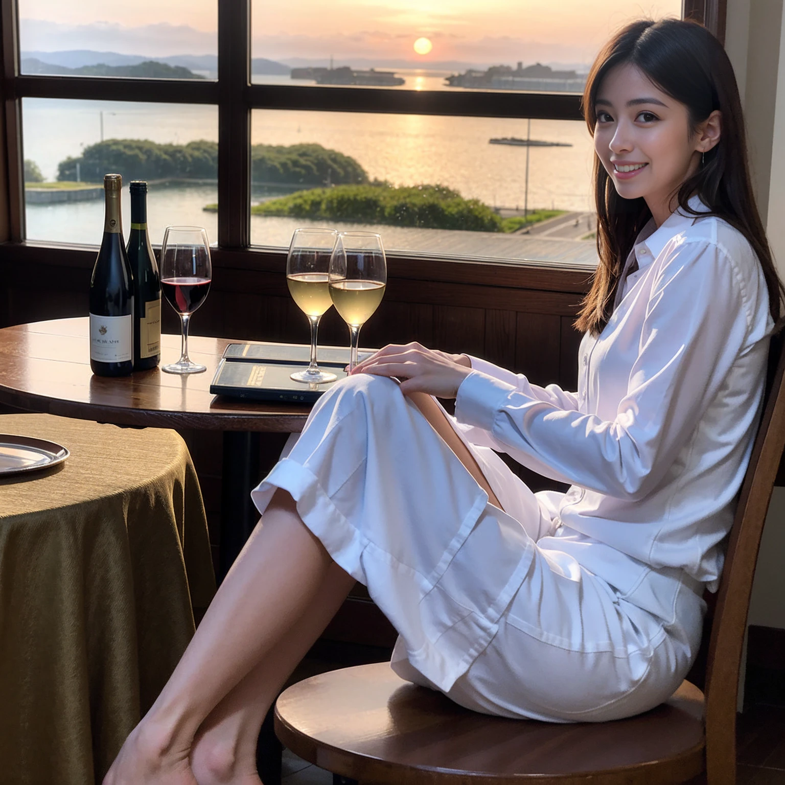 ((Highest quality、8K、masterpiece:1.3))、1 male 1 female、Satomi Ishihara、 years old、Slim Beauty、Pink Couple、smile、 (Slim face), (the body is スリム), (Brown Hair), (Shortcuts), テーブルのフルコースディナーとwine glass、Amazing view of the sunset sky and clouds、smileの美しさ、Wine bottle、sparkling wine、Long sleeve shirt、dress、White wine, red wine, wine glass,