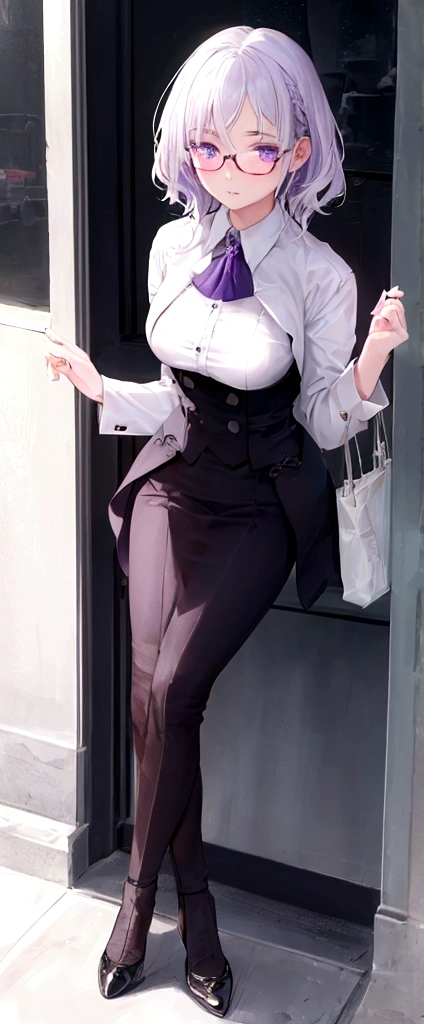 girl, fair skin, violet eyes, short wavy white hair, wears glasses, formal clothes.