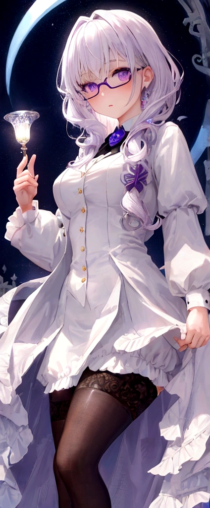 girl, fair skin, violet eyes, short wavy white hair, wears glasses, formal clothes.