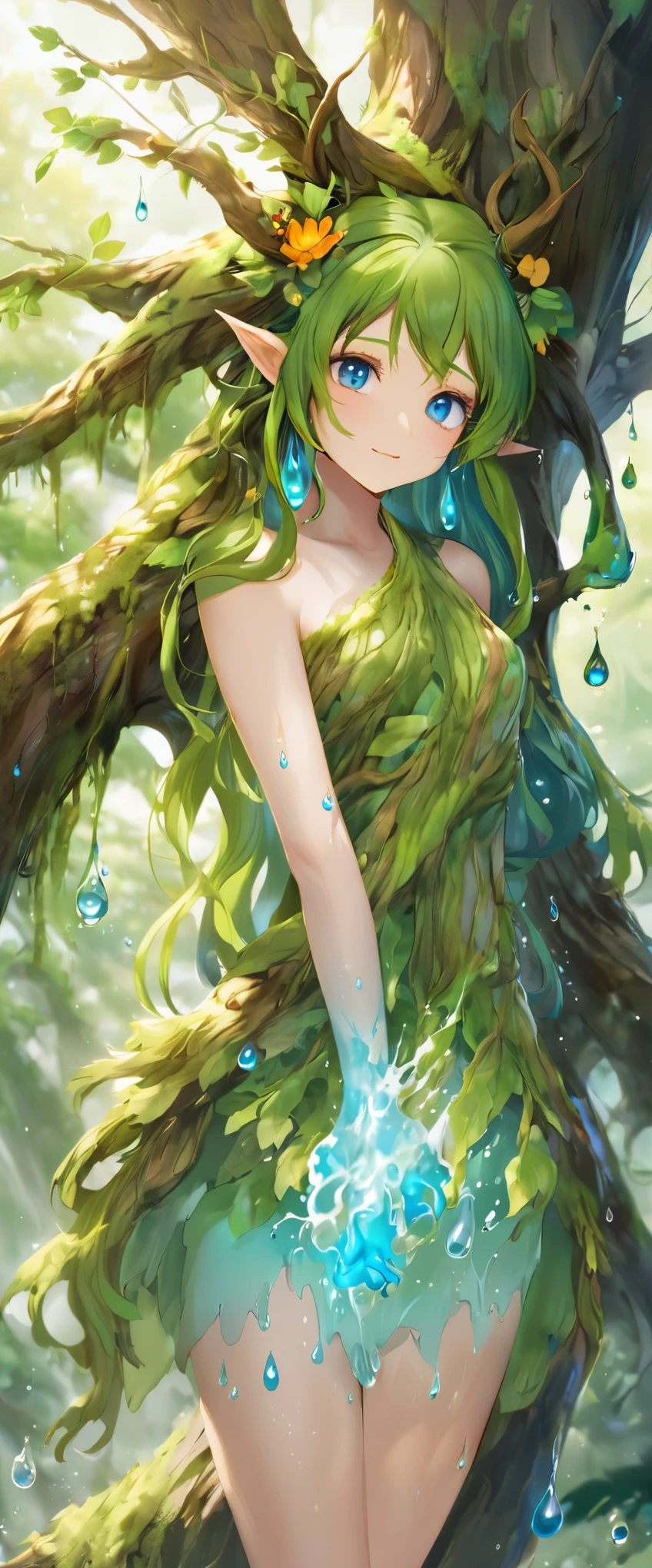 One girl, Female tree spirit, Wood Hair, Internal boiling acetic acid, Put a few drops of acetic acid on the skin,