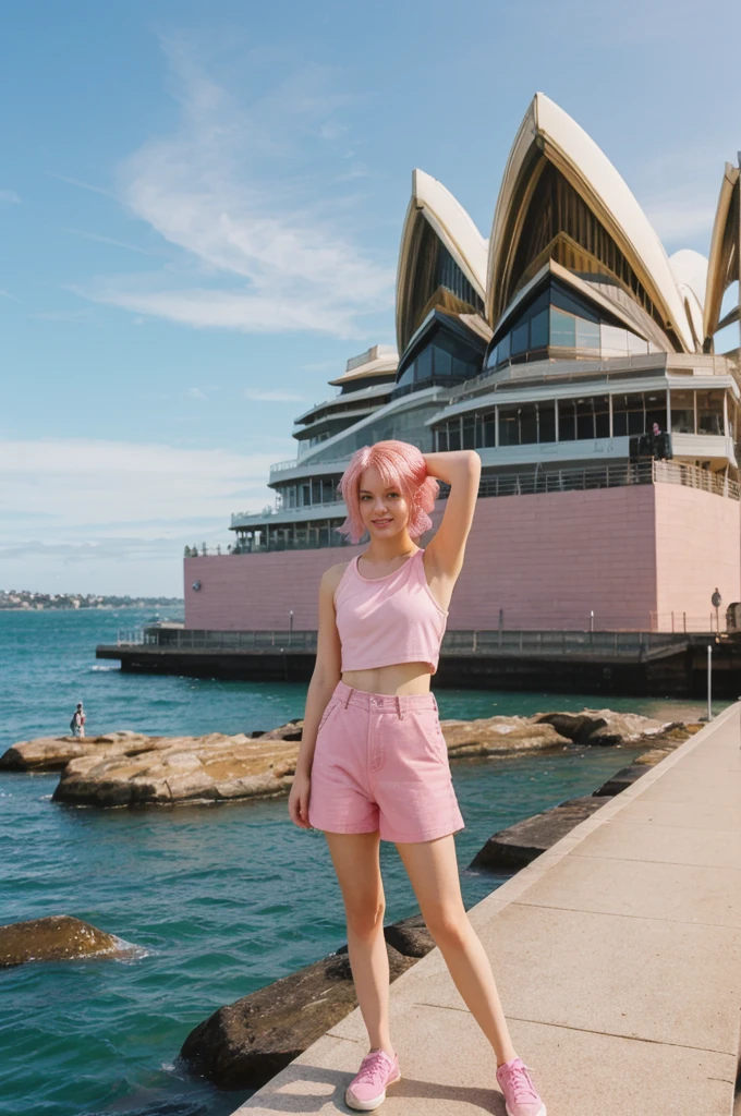 her name is Annie, high quality, 1girl, ((20-year-old fit Caucasian woman)), ((20 years old)), ((fit)), ((pink hair short)), pose: standing, wearing bright colored unique gen Z modern wear, BACKGROUND: Grew up along Sydney's stunning harbor, with the Opera House, Bondi Beach's surf, and coastal walks defining daily life.