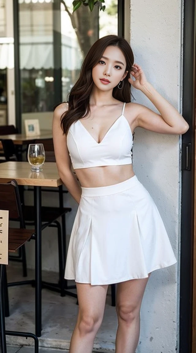 Dark brown hair、Light brown eyes、Japanese actress、 Lady、I am about 40 years old..、(私ntricate details:1.2)、(Which is the top???:1.4)、 (Ultra-high resolution:1.2)、Ultra-high resolution、(Finely tuned)、(Detailed facial features)、Hmph、8K resolution、D cup size breasts、Long Hair、ロサンゼルス Shade Awning サン&Shade Awning、Terrace Cafe、Cafe tables lined up、Cafe chair、relax、、,Full body photo、Head to toe shot、Beautiful feet、White camisole、mini skirt、Blackpink Jenny 私 took this photo with the image of、Beautiful feet、she, Fashion Hub, Attention to detail, Very detailed, Realistic, Hourglass Shaped Body, Obscene pose,Leaning against a wall、Please lift your chin a little.....、Poses that make you feel weak、Are crying、Deep sorrow、My eyes and cheeks are wet with tears、A cafe surrounded by white flowers、Very sandals、Place your elbows on the table、Place your chin on your hand、Sun and Shadow、
