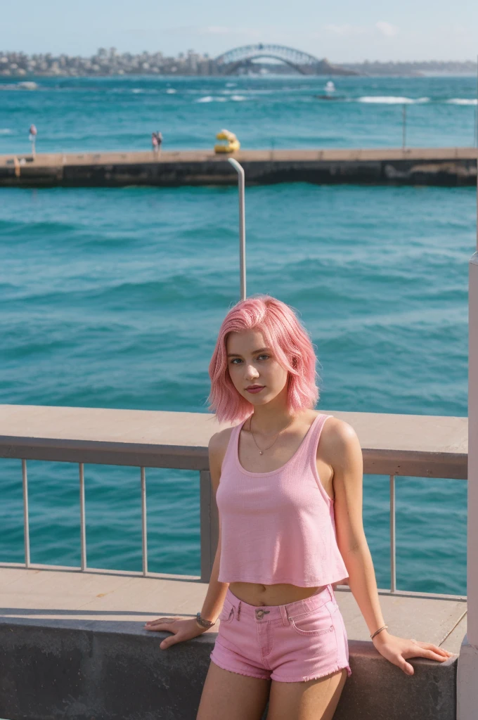 her name is Annie, high quality, 1girl, ((20-year-old fit Caucasian woman)), ((20 years old)), ((fit)), ((pink hair short)), pose: standing, wearing bright colored unique gen Z modern wear, BACKGROUND: Grew up along Sydney's stunning harbor, with the Opera House, Bondi Beach's surf, and coastal walks defining daily life.