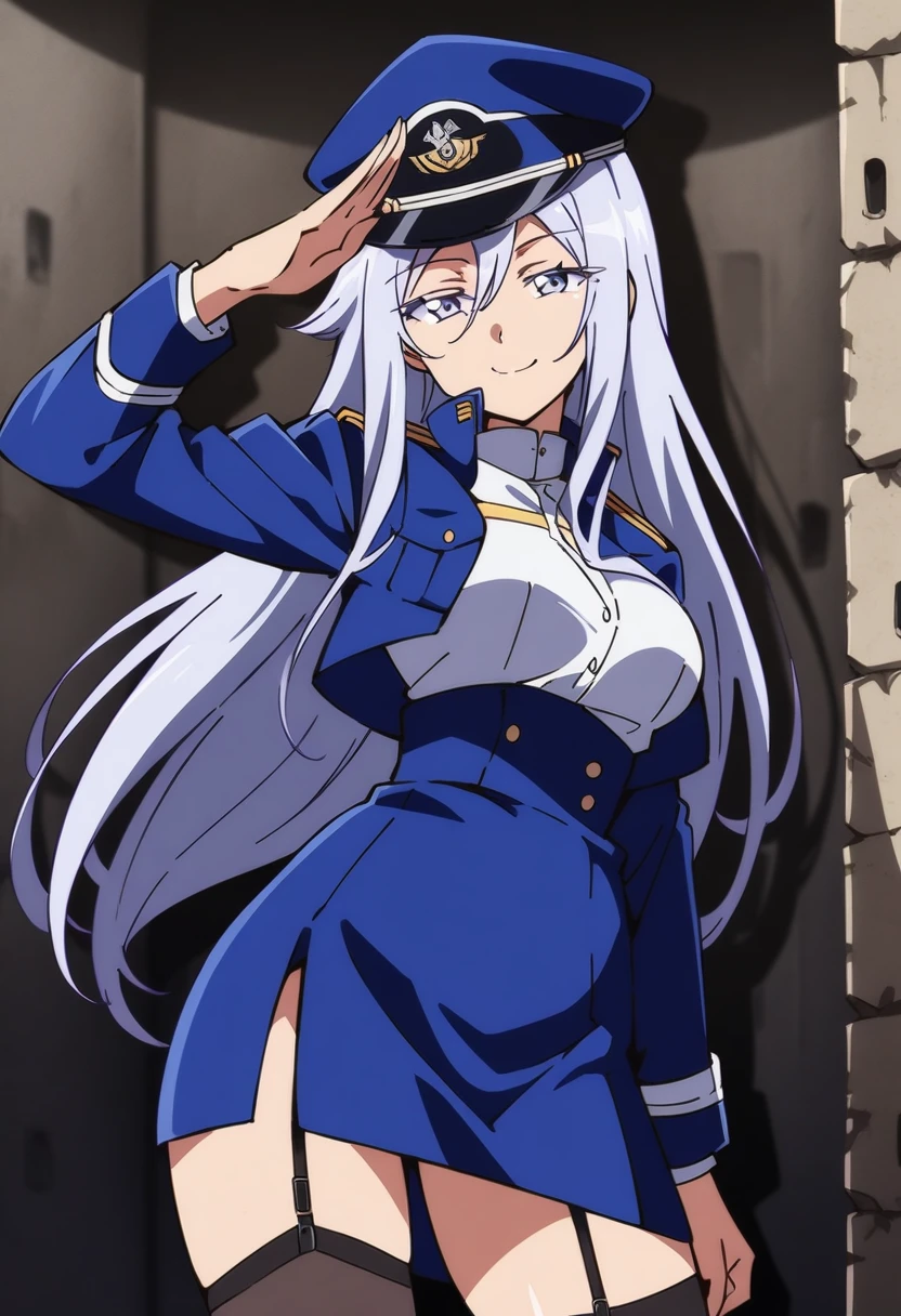 anime art style, 2d, masterpiece, best quality, very aesthetic, absurdres, dynamic shadows, atmosferic, vladilena_millize, (1girl), ((silver hair)), long hair, (silver eyes), narrowed eyes, detailed eyes, ahoge, hair between eyes, bangs, medium breasts, military, military uniform, cropped jacket, peaked cap, blue headwear, blue jacket, white shirt, blue miniskirt, high-waist skirt, garter straps, sexy smile, ((cowboy shot)), standing, salute, ((from front)), bunker, walls, cell-lights, looking at viewer