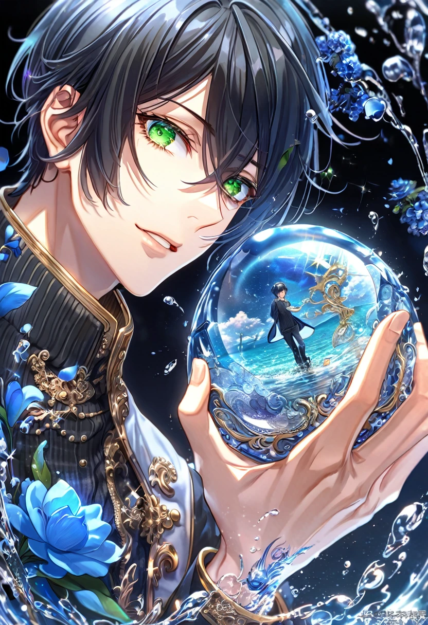absurdres, highres, ultra detailed, HDR, master piece, best quality, extremely detailed, Rokujou Miharu, black hair, expressive green eyes, Nabari No Ou, solo, sexy man, handsome, black sweater, magical, fantasy, glittering, sparkling, glass, blue flowers, blue petals, water, blue moon