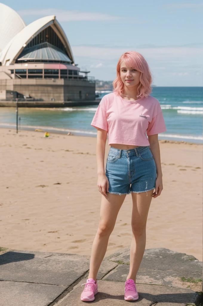 her name is Annie, high quality, 1girl, ((20-year-old fit Caucasian woman)), ((20 years old)), ((fit)), ((pink hair short)), pose: standing, wearing bright colored unique gen Z modern wear, BACKGROUND: Grew up along Sydney's stunning harbor, with the Opera House, Bondi Beach's surf, and coastal walks defining daily life.