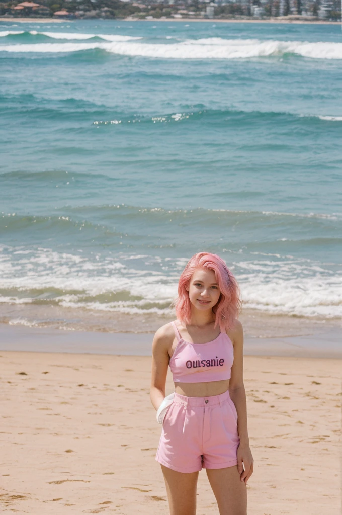 her name is Annie, high quality, 1girl, ((20-year-old fit Caucasian woman)), ((20 years old)), ((fit)), ((pink hair short)), pose: standing, wearing bright colored unique gen Z modern wear, BACKGROUND: Grew up along Sydney's stunning harbor, with the Opera House, Bondi Beach's surf, and coastal walks defining daily life.