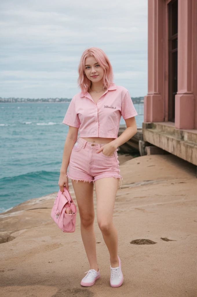 her name is Annie, high quality, 1girl, ((20-year-old fit Caucasian woman)), ((20 years old)), ((fit)), ((pink hair short)), pose: standing, wearing bright colored unique gen Z modern wear, BACKGROUND: Grew up along Sydney's stunning harbor, with the Opera House, Bondi Beach's surf, and coastal walks defining daily life.