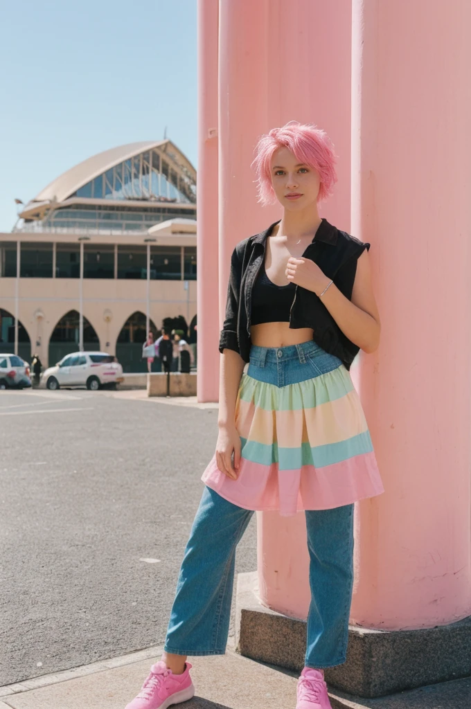 her name is Annie, high quality, 1girl, ((20-year-old fit Caucasian woman)), ((20 years old)), ((fit)), ((pink hair short)), pose: standing, wearing bright colored unique gen Z modern wear, BACKGROUND: Grew up along Sydney's stunning harbor, with the Opera House, Bondi Beach's surf, and coastal walks defining daily life.
