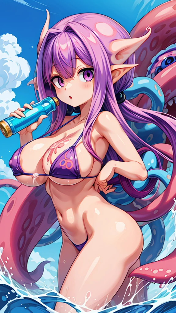 Japanese cartoons girl with purple hair and blue bikini holding a bottle of beer, Fine details. Japanese cartoons. Tentacles, Tentacles around, humanoid pink female squid girl, Octopus Goddess, splash art Japanese cartoons , some Tentacles are touching her, Splash Screen Character Art, gigantic oily Tentacles and eyes, slime and Tentacles, many ered Tentacles. Hybrids