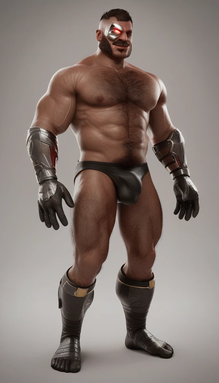 score_9, score_8_up, score_7_up, solo, male focus, mature male,  mkkan0, cybernetic eye, mutton chops, h4rness,  charming, full body shot, fully naked only wearing dark black detailed suit socks, mascular legs, hairy chest, hairy body, hairy legs, big foot, wearing black slip underwear, bulge, touching his bulge