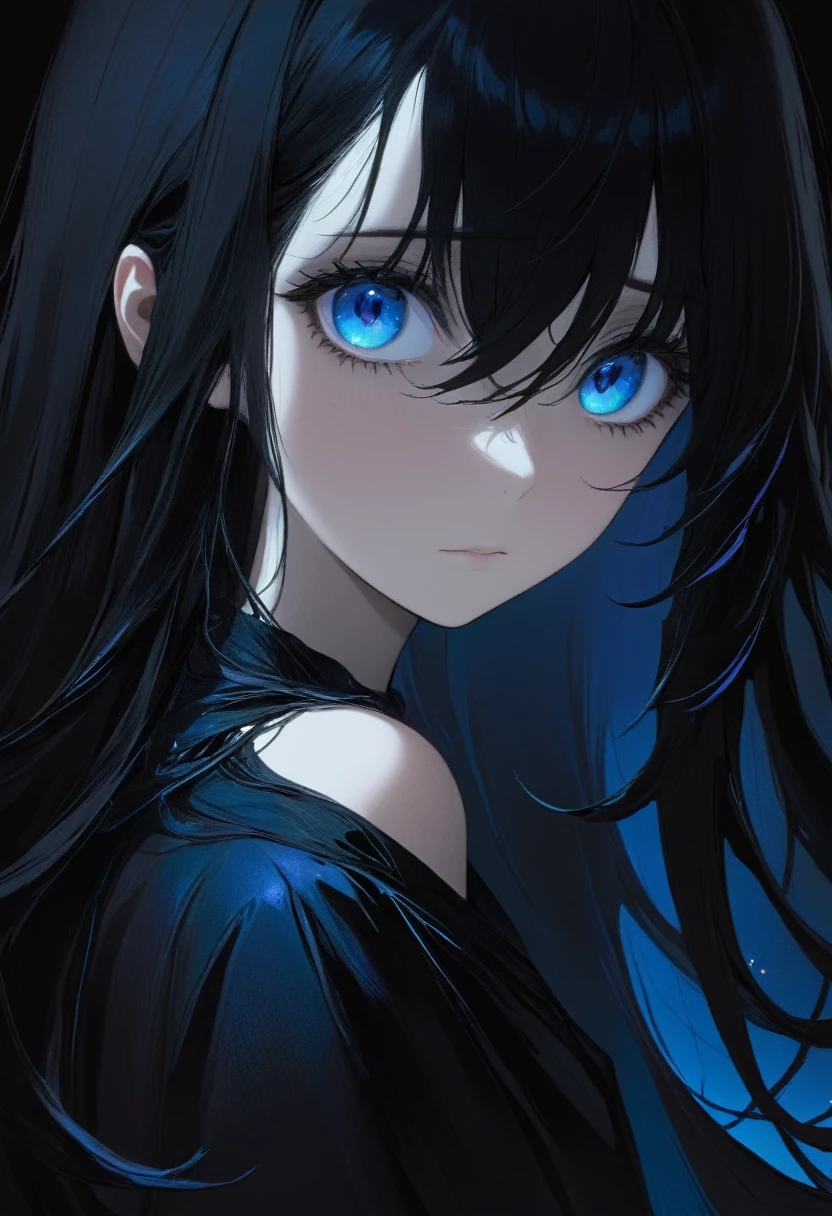 girl.Her hair is black.Beautiful eyes.The blue eyes.At night time.
Black flowing hair. I grow.nocturnal.Sad.Quiet
