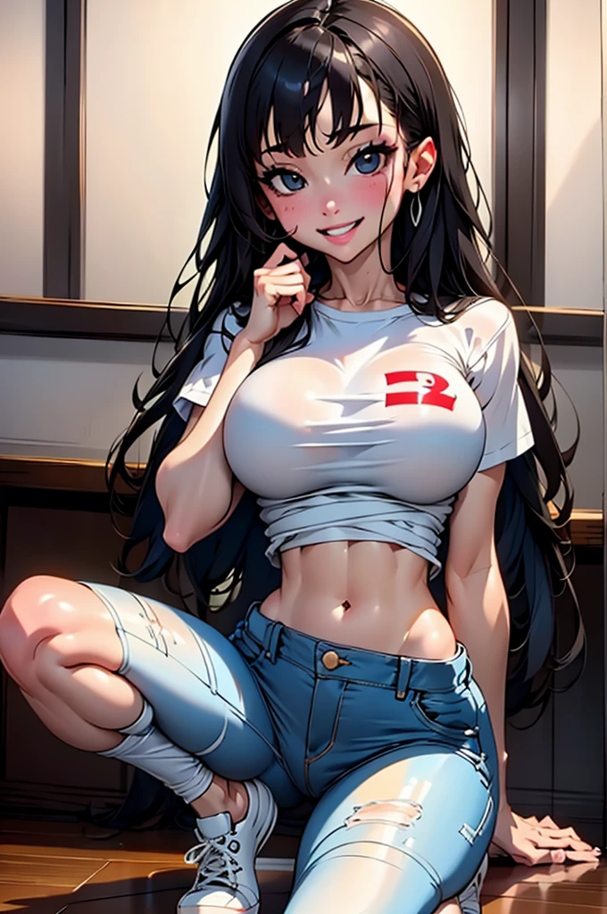 18 year old girl, Large Breasts, White T-shirt, Navel, Short jeans, sports shoes, bule, Black Hair, black eyes, Round Face, Contoured eyes, Clear Hand, Hand with 5 fingers, Sweet look, Smile, Wide-angle lens, 16K, best quality, high resolution, high quality, Super Detail, Anatomically correct, precise