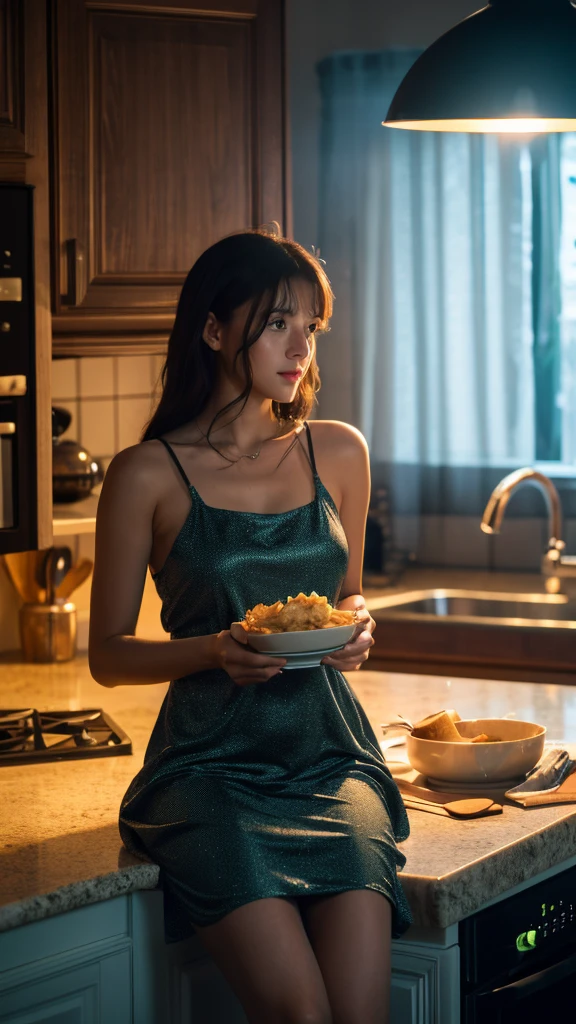 ((realistic lighting, highest quality, 8k, masterpiece)), 1girl, cooking in the kitchen, wearing night dress