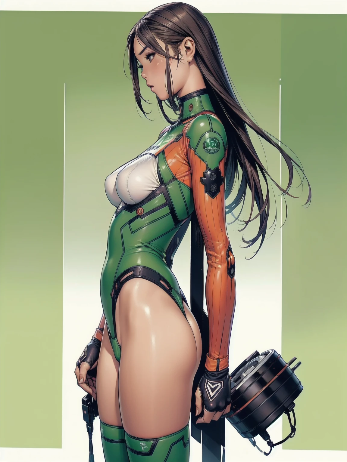 (((back view))), (((perfect abounds))), ((best qualityer)), (((clothes 100% light green))), (((slim))), (Muscles), (((Red suit))), ((Perfect masterpiece)), (detailded: 1.4), (absurdrez), (((long straight hair with modern cut))), (((full body fitness, neckline showing part of the breasts)), (((woman with long cropped hair, blushful))), 21 year old woman, beautiful sexy woman, giant robot pilot, wild with perfect corpo fitness, wearing small battle clothes, tiny thong, stilo hyung tae kim, clothing with Japanese graphic patterns, halftone pattern and vertical seams, shade of green