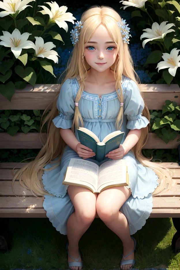 A beautiful blond girl with very long hair named Lily sits on a garden bench, reading a book. Her sparkling blue eyes reflect the joy of discovering new stories. She wears a light blue dress adorned with small flowers. The sun is shining, and the garden is in full bloom with colorful flowers and lush green grass.