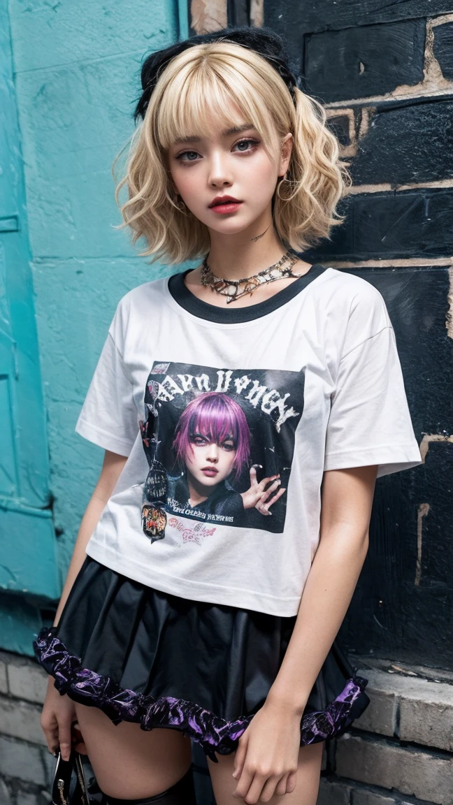 1GIRL, beautiful girl, beautiful face, Gothic theme style, bomb, fine details, (best quality), (intricate details), cute style, chic style, raven style, black and purple, party halloween background, place at halloween , ((short blonde hair slightly curly)), best quality, ((cut t-shirt and short skirt)), ( emo style)), beautiful face, happy, cute face, pinup, perfect face, carnival background portrait (masterpiece: 1.2 , best quality), (original image, intricate details), (1 woman, solo, upper body, small breasts) Clothing: sharp, stylish, cool, fashionable, non-standard, avant-garde, experimental Appearance: popular women or bold hair color, natural makeup, unconventional fashion choices, rock star Behavior: cool, non-conformist, stylish Place: Urban Arts District, Underground Music Scene Hobbies: attending halloween parties, creating art in mixed media, experimenting with different subcultures different Values: individuality, authenticity, creative expression Sources of inspiration: punk rock, counterculture icons, avant-garde art movements Character traits: brave, daring, non-standard. Uppepr image, middle image