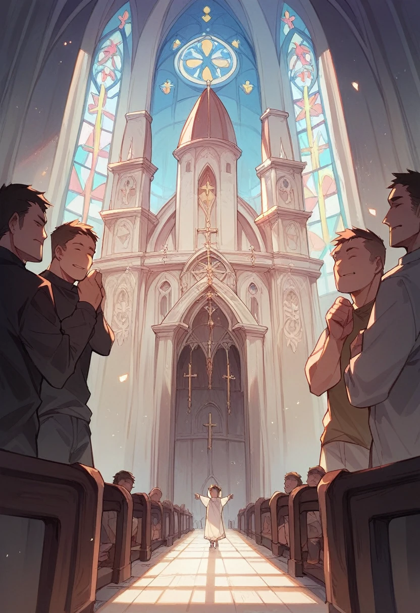 White church background full of people with raised hands worshiping