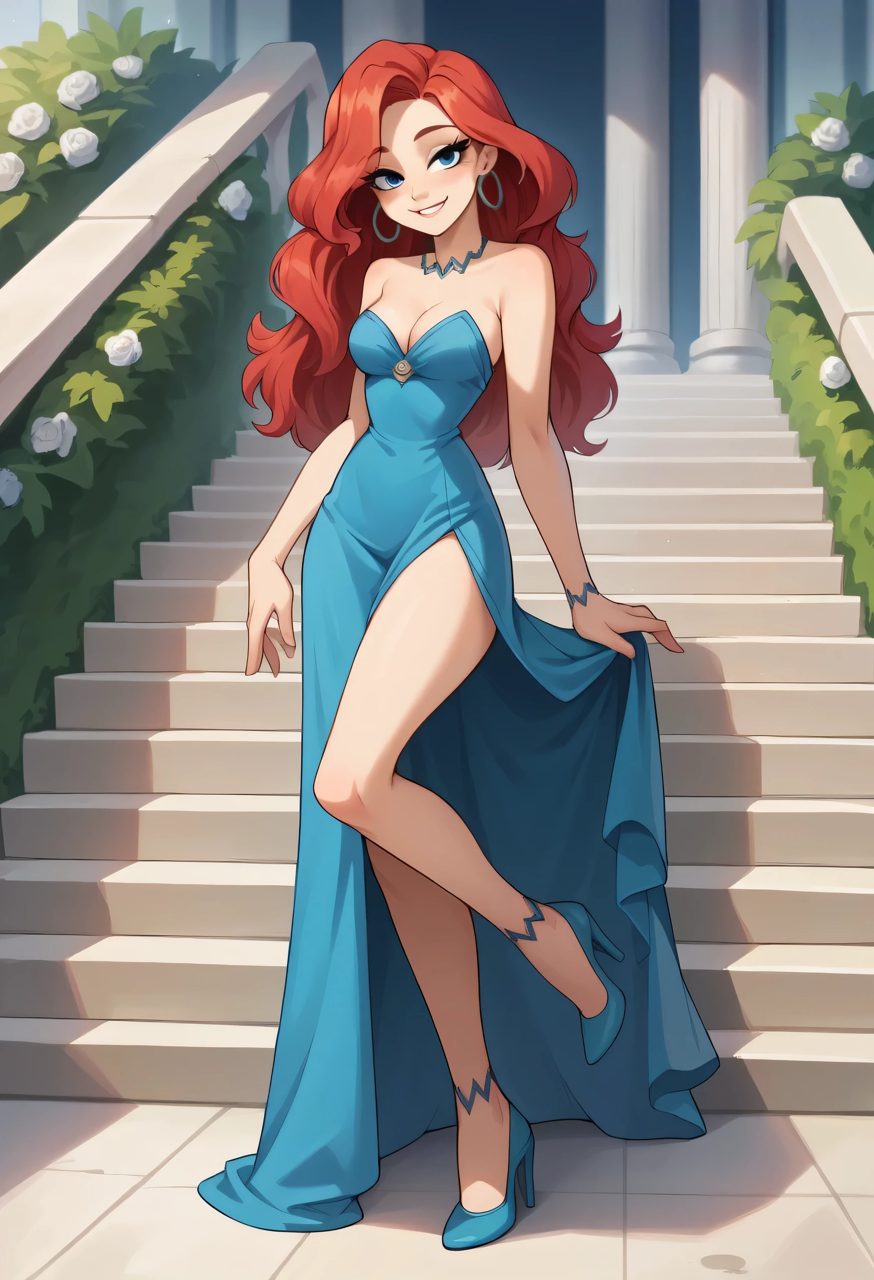 masterpiece, best quality, highly detailed, score_9, score_8_up, score_7_up, score_6_up,source_anime, BREAK, Chelsea, 1girl, solo, long red hair, beautiful face, blue eyes, blue evening dress, stairwell, highly detailed, shaded, high heels, solo, soft light, seductive smile, jewelry, hoop earrings, Stepping down, Cartoon style