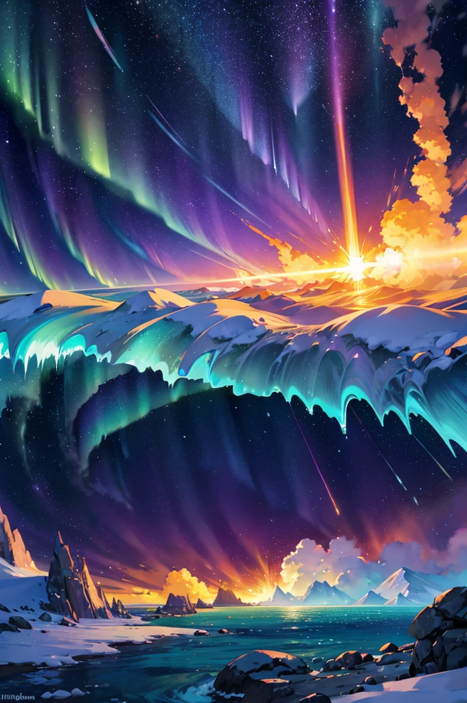 golden light, fire explosion, purple waves crashing behind, green and blue tornado, white blizzard, aurora borealis, flaming sun, flying rocks and ice