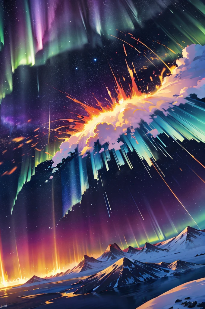 golden light, fire explosion, purple waves crashing behind, green and blue tornado, white blizzard, aurora borealis, flaming sun, flying rocks and ice