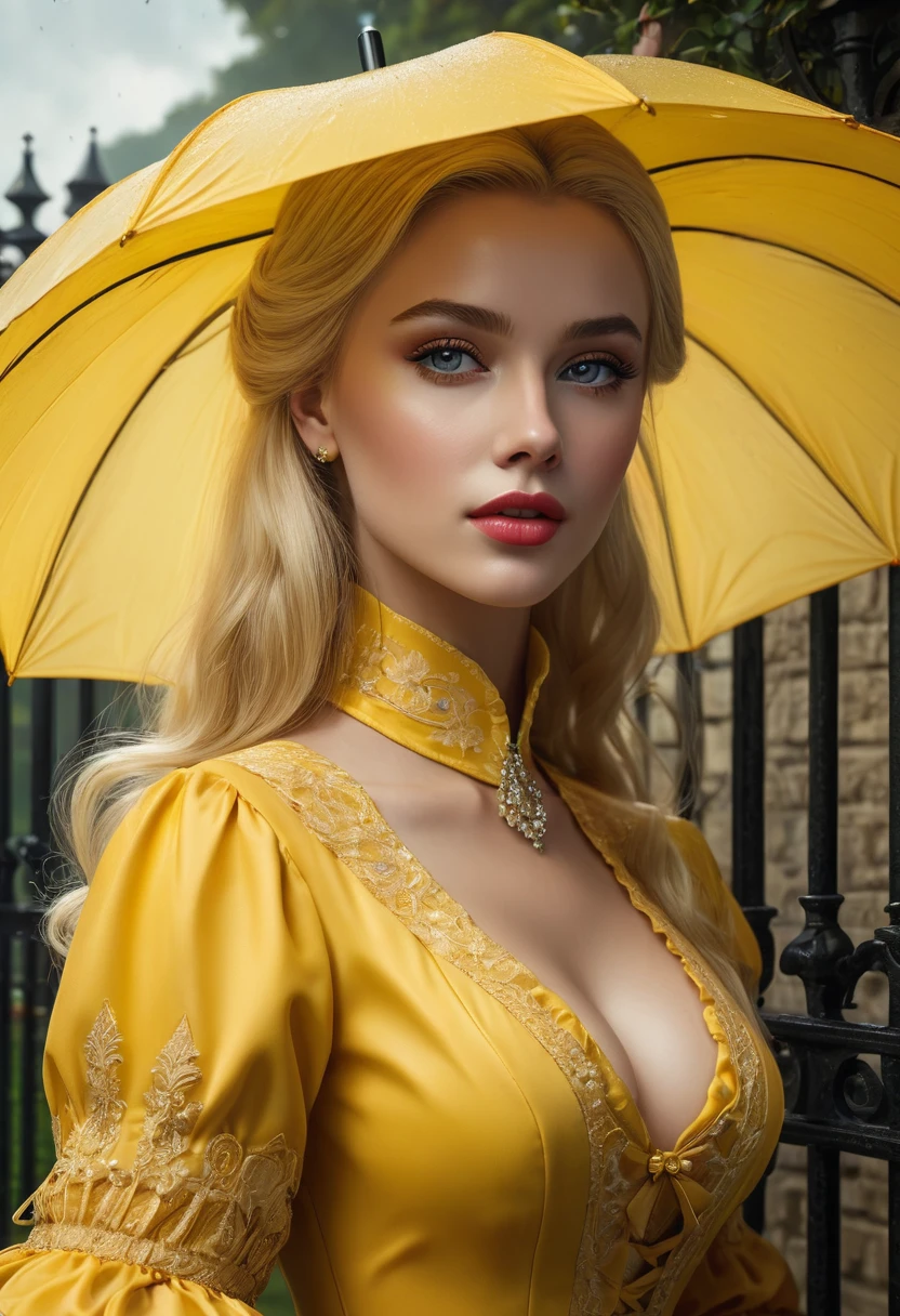 (highest quality, 4k, 8K, High resolution, masterpiece: 1.2), (Super detailed, realistic, realistic:1.37) Seductive blonde princess, Wearing a striking yellow Victorian dress, Standing in front of a gate holding an umbrella. Her mesmerizing eyes are exquisitely crafted, Capture every sparkle and depth, her lips、It boasts a detailed beauty that is captivating and enchanting.。. The level of detail is across the entire face, Each contour and feature is perfectly and meticulously rendered., Create a sense of hyperrealism that draws viewers in. 

girls&#39; clothes, It is a work of art in itself. material, Adds a touch of dynamism to her overall look. It truly reflects the artist&#39;s talent, show off your skill