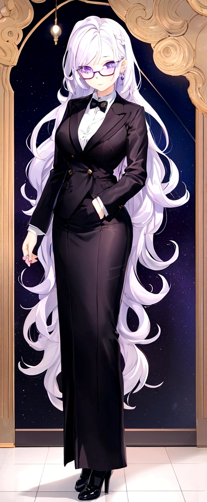 girl, fair skin, violet eyes, short wavy white hair, wears glasses, formal clothes.